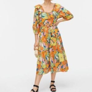 J.Crew Tropical Floral Ruffle Off-Shoulder Belted Flounce Midi Dress
